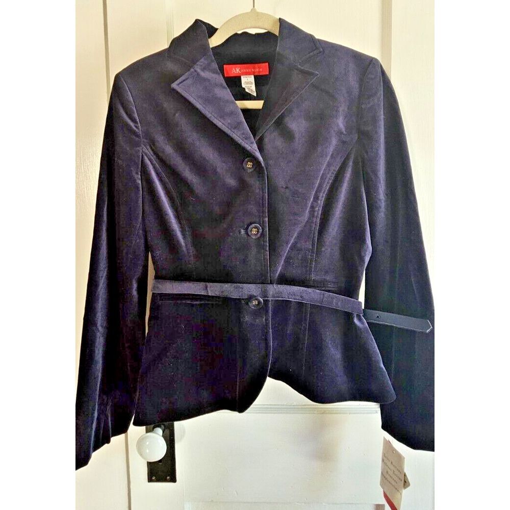 NWT AK Anne Klein northern light belted blue‎ velvet Corduroy blazer stretch 6